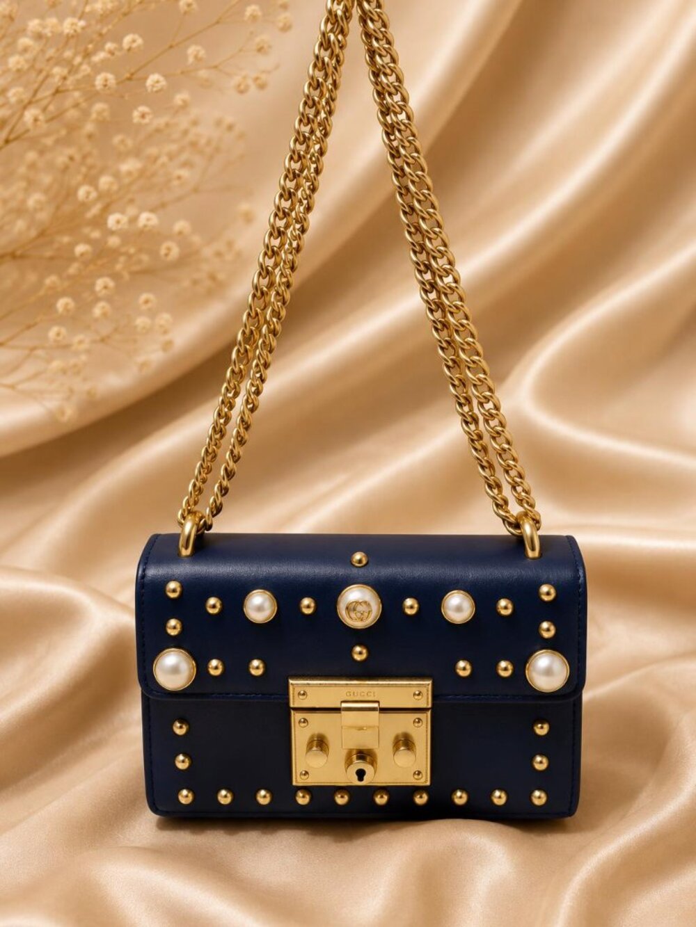 Authentic Gucci Padlock Studded Pearl Mini Shoulder Bag Blue Leather GG Chain